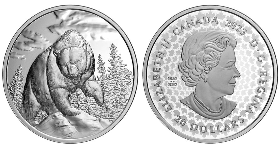 $20 fine silver Ultra High Relief coin titled Great Hunters: Grizzly Bear
