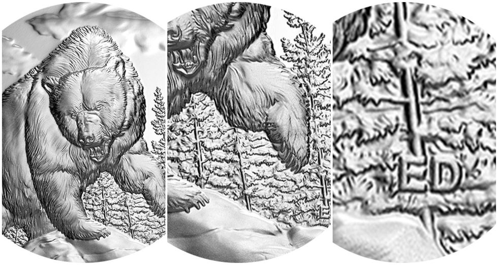 $20 fine silver Ultra High Relief coin titled Great Hunters: Grizzly Bear