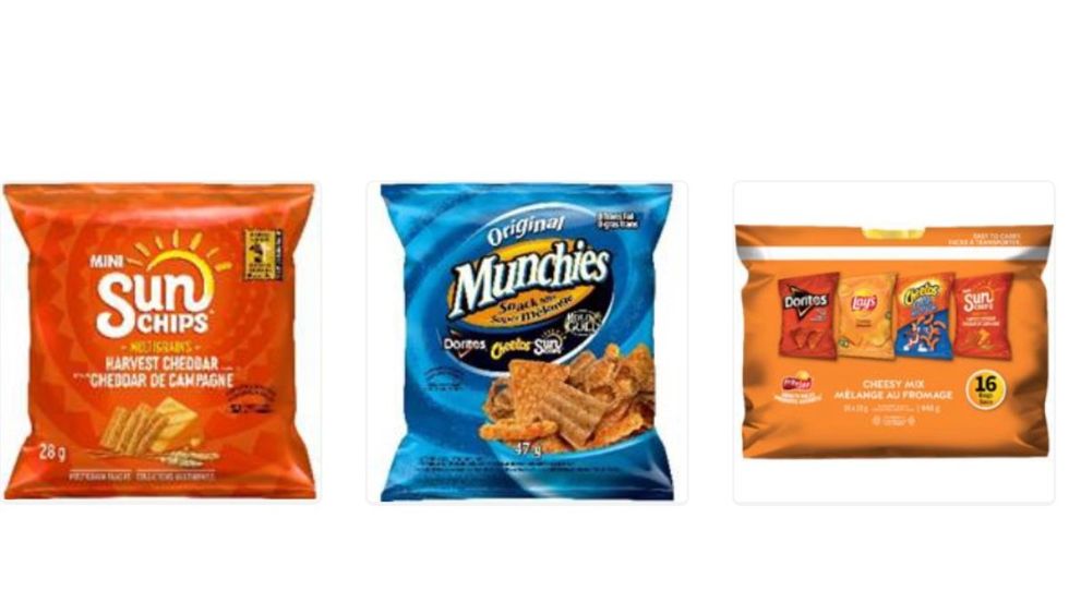 A bad of SunChips Multigrains Harvest Cheddar Snacks and Original Munchies Snack Mix chips.