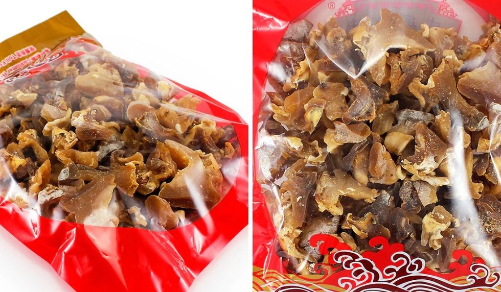 A bag of dried conch served in red and transparent plastic packaging.