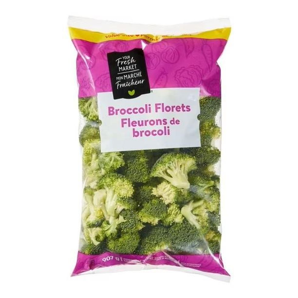 A bag of Fresh Market broccoli florets.