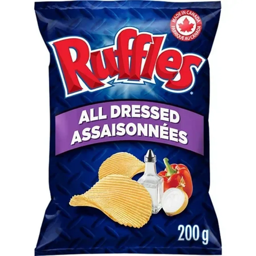 A bag of Ruffles all-dressed potato chips.\u200b