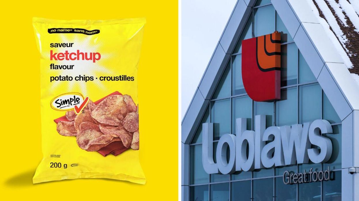 A bag of yellow No Name brand ketchup potato chips. Right: The outside of a Loblaws grocery store.