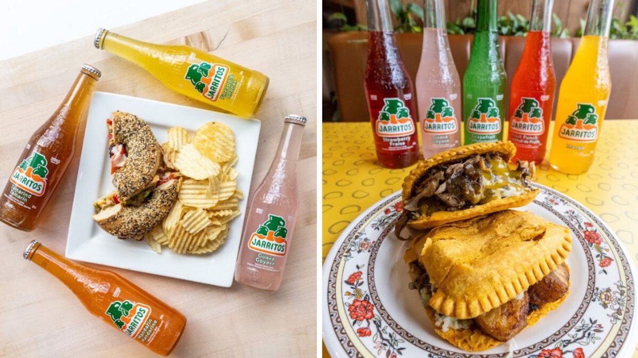A bagel sandwich and chips on a plate surrounded by Jarritos. Right: Colourful bottles of the Mexican soda lined up behind a stuffed Jamaican patty.