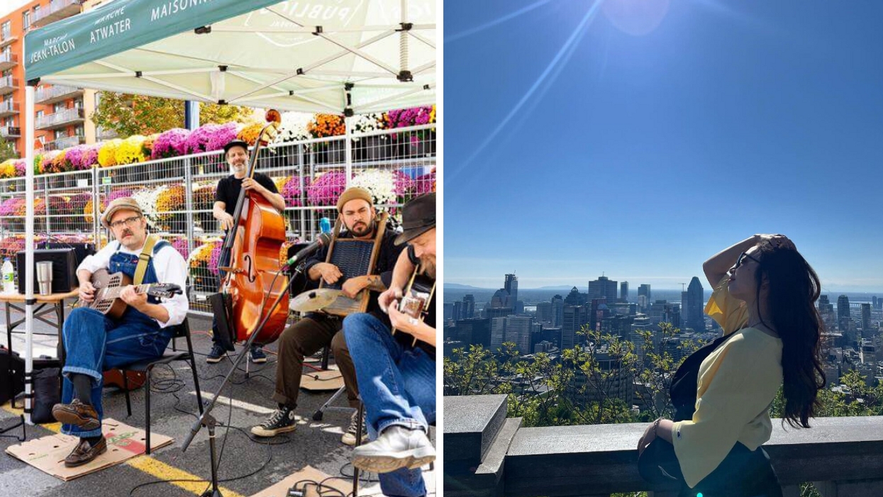 A band plays music in front of a backdrop of flowers at a market. Right: Someone stands at a lookout point with a view of the Montreal skyline in daytime.