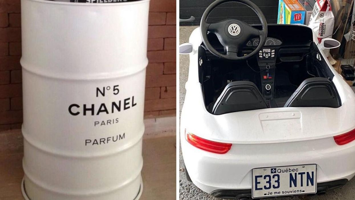 A barrel branded with the Chanel No. 5 perfume logo. Right: A white toy car with a Quebec license plate.