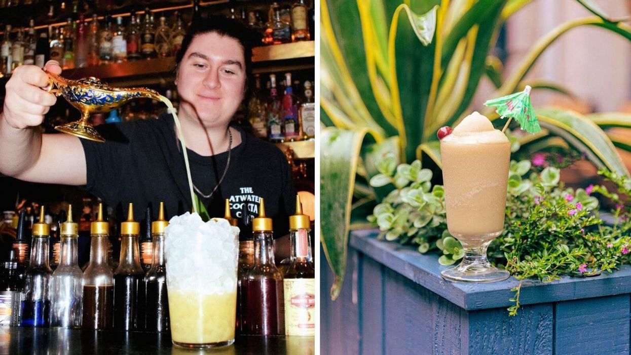 A bartender at Atwater Cocktail Club pours a drink from an oil lamp. Right: A frosty cocktail from El Pequeño Bar in Old Montreal.