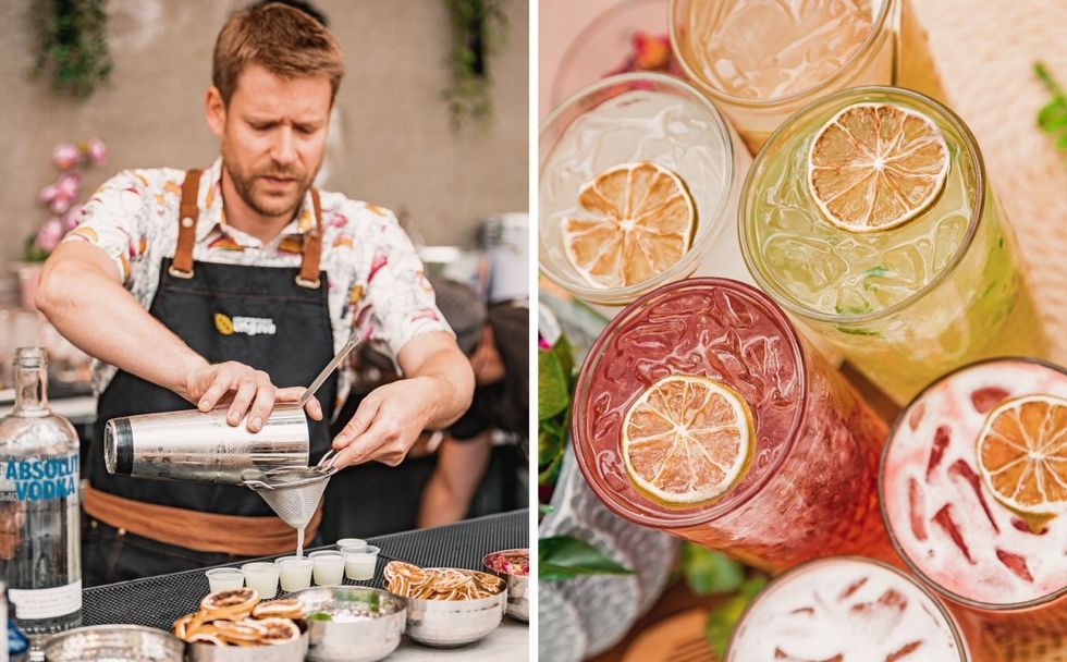 A bartender pouring shots behind the bar. Right: A collection of colourful cocktails in tall glasses.