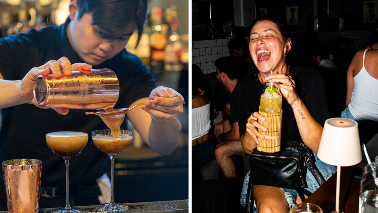 A bartender pours a drink through a strainer into a cocktail glass. Right: Someone laughs with a drink in hand.