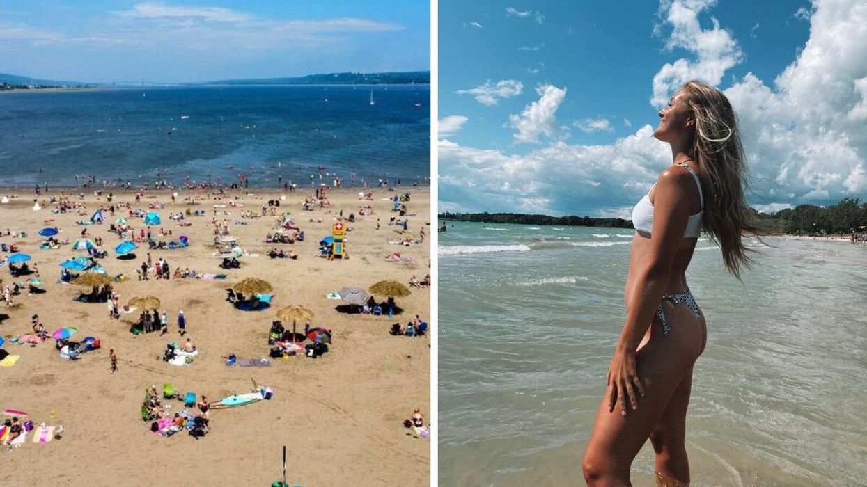 A beach in Quebec. Right: A person on a white-sand beach in Ontario.