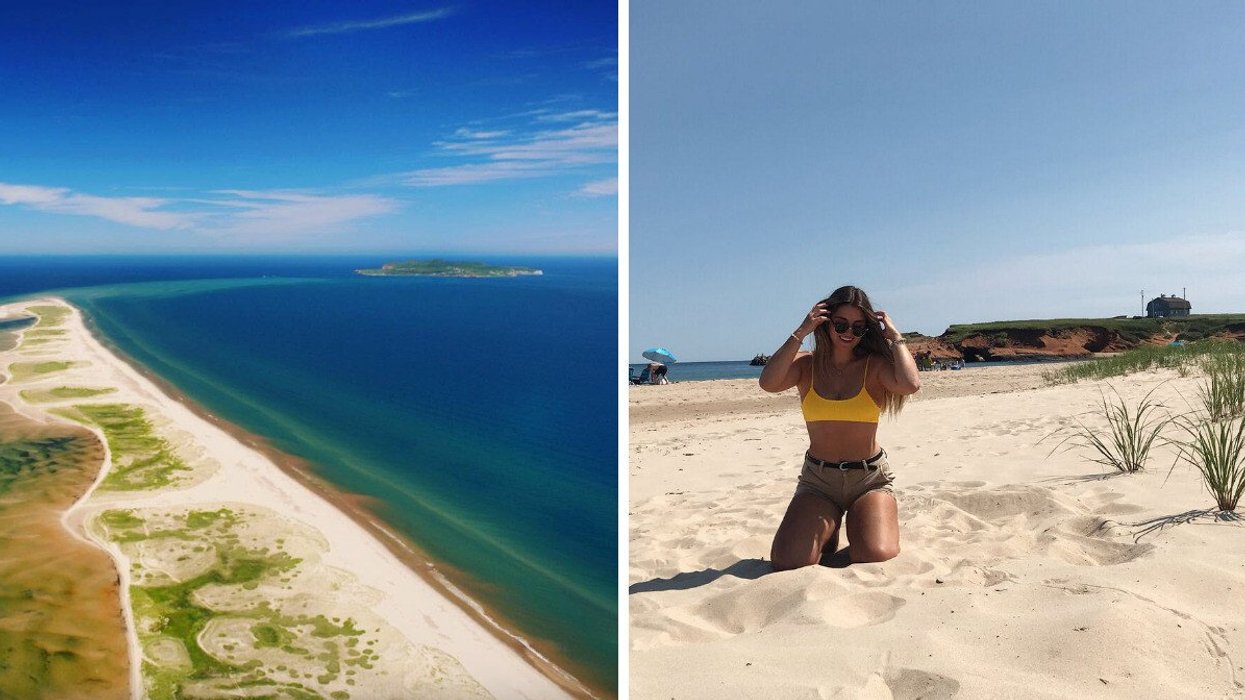 A beach in Quebec. Right: A person sits on the sand at a beach in Quebec.