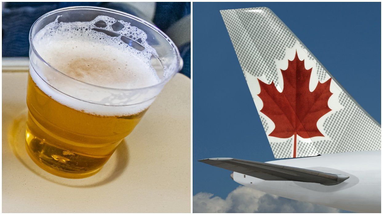 A beer on a plane. Right: The wing of an Air Canada plane.