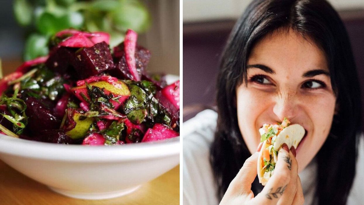 A beet salad from Omnivore Grill. Right: Someone eats a vegan taco from Bistro Tendresse.