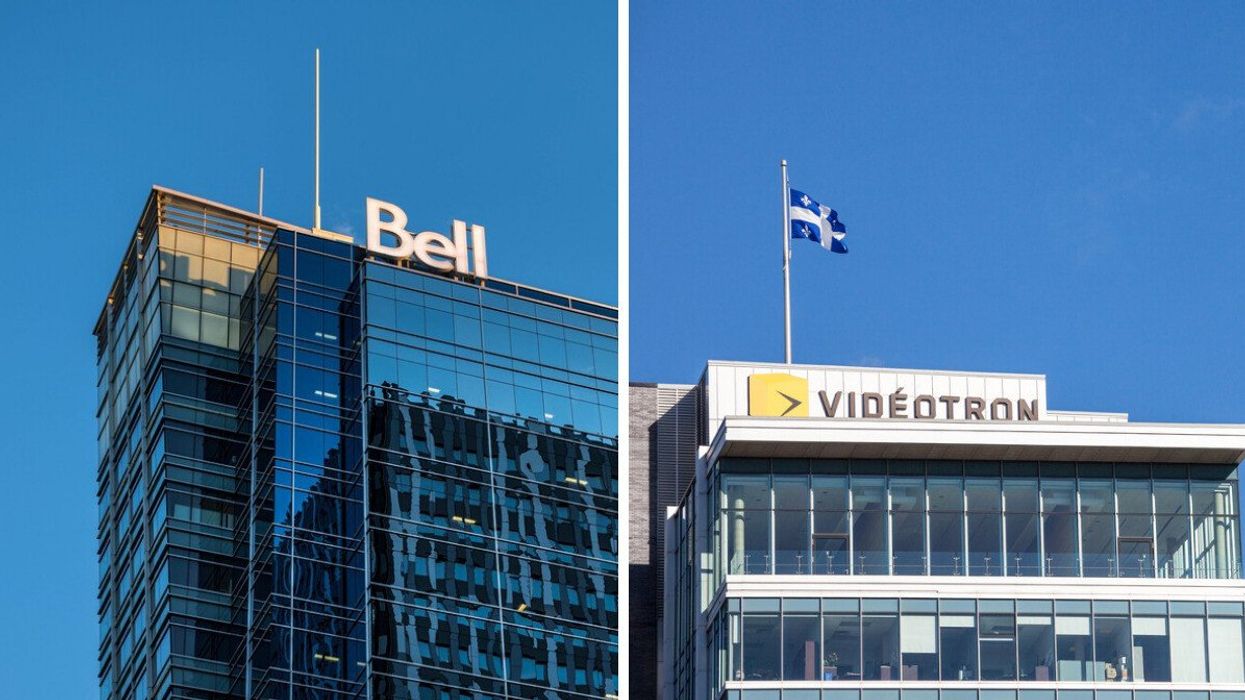 A Bell office in Calgary. Right: Videotron logo in front of their main office for Montreal, Quebec.