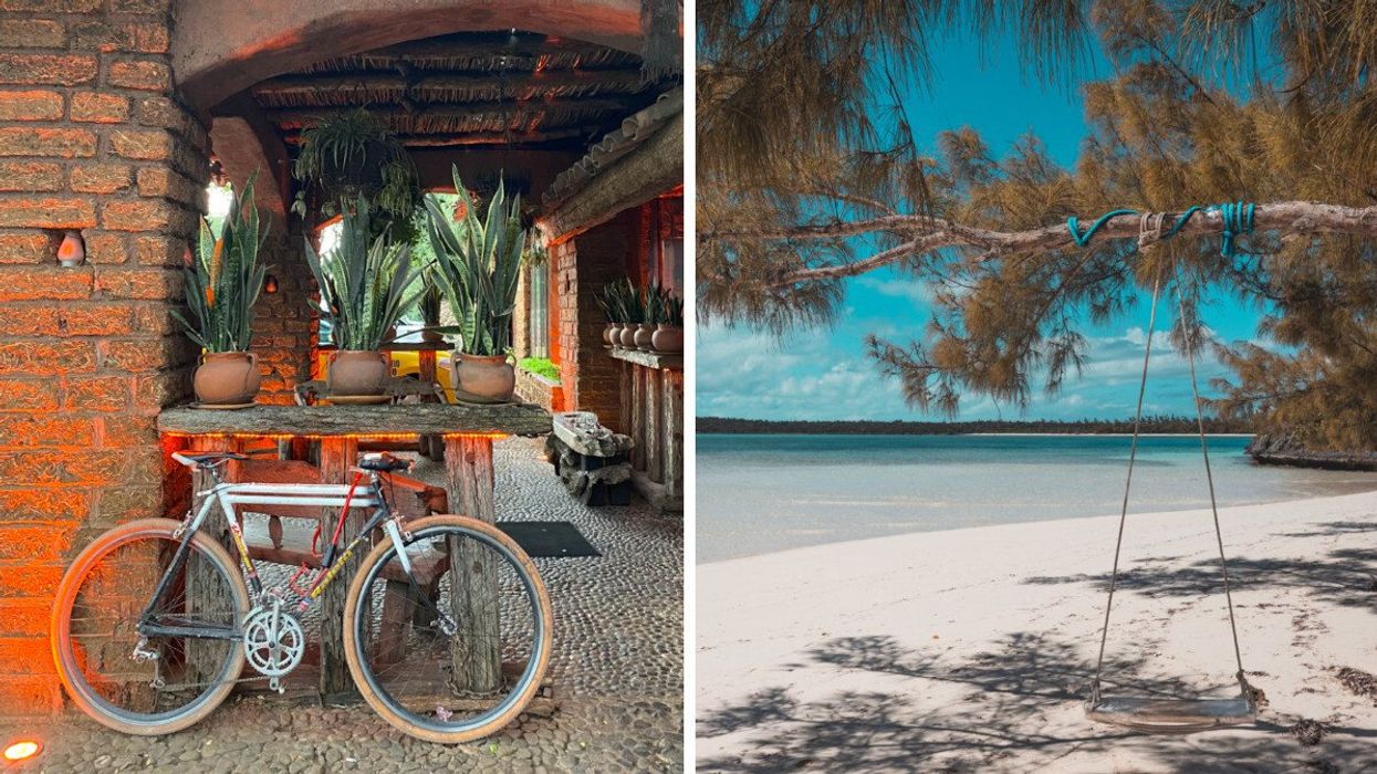A bicycle is parked in front of a quaint brick building in Mexico. Right: A beach swing in the Bahamas.