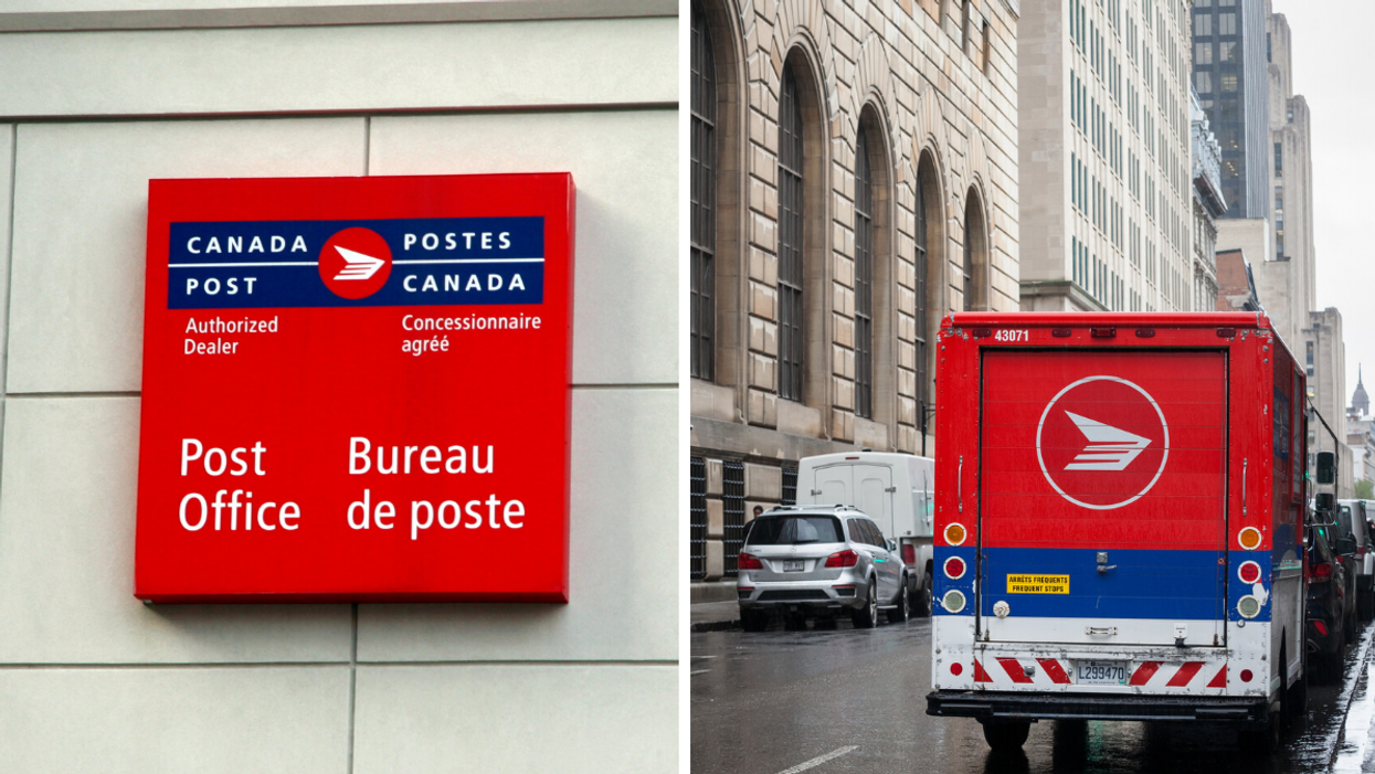A bilingual Canada Post sign on a building. Right: A Canada Post truck in Montreal.