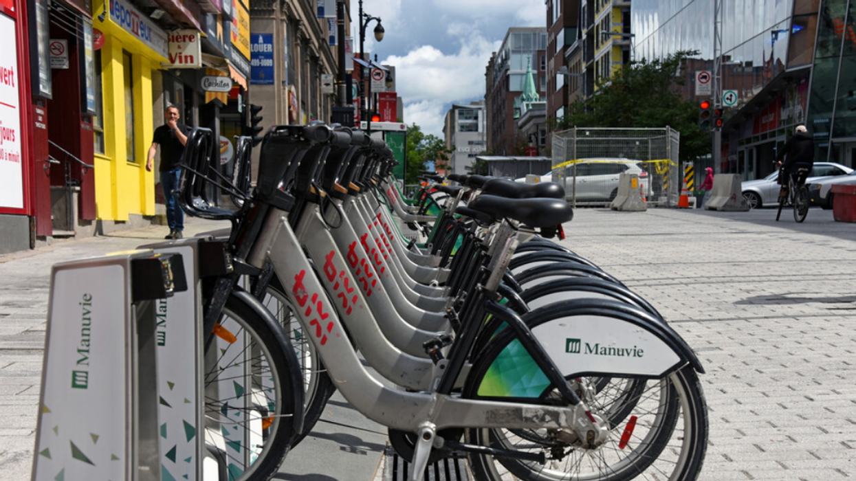 A BIXI stand full of bikes on Montreal's rue Sainte-Catherine.
