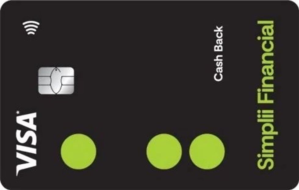 A black and lime green Simplii Financial Cashback Visa Card.