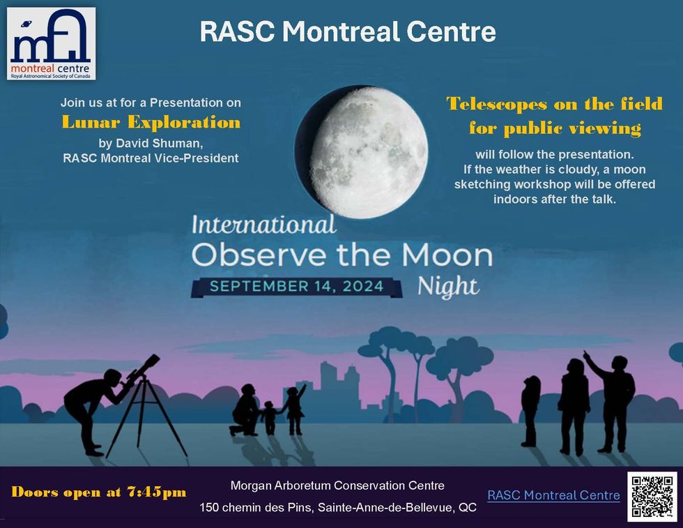A blue and purple graphic shows people pointing at the moon to advertise RASC Montreal Centre's Observe the Moon Night.