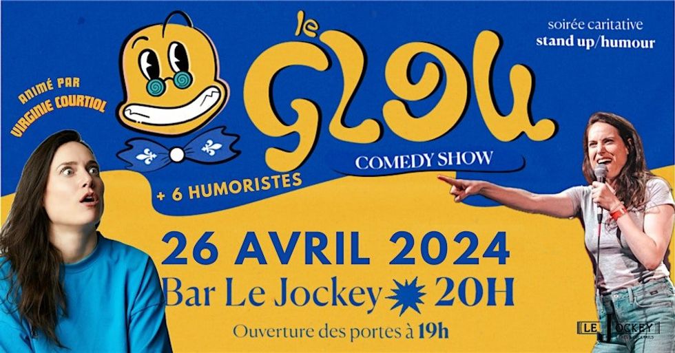 A blue and yellow graphic for a comedy show in Montreal called 'Le Glou' with images of a person performing stand-up.