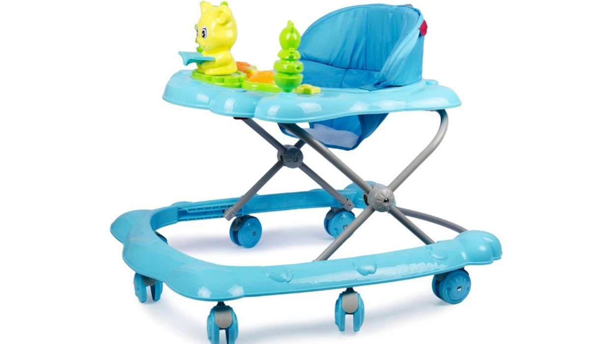 A blue baby walker with green and yellow kid's toys.