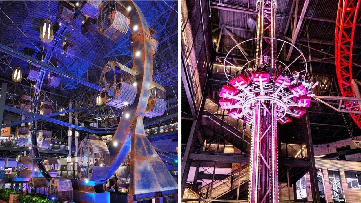 A blue-lit spokeless, steampunk-style Ferris wheel. Right: People in the pink "Piston" ride.