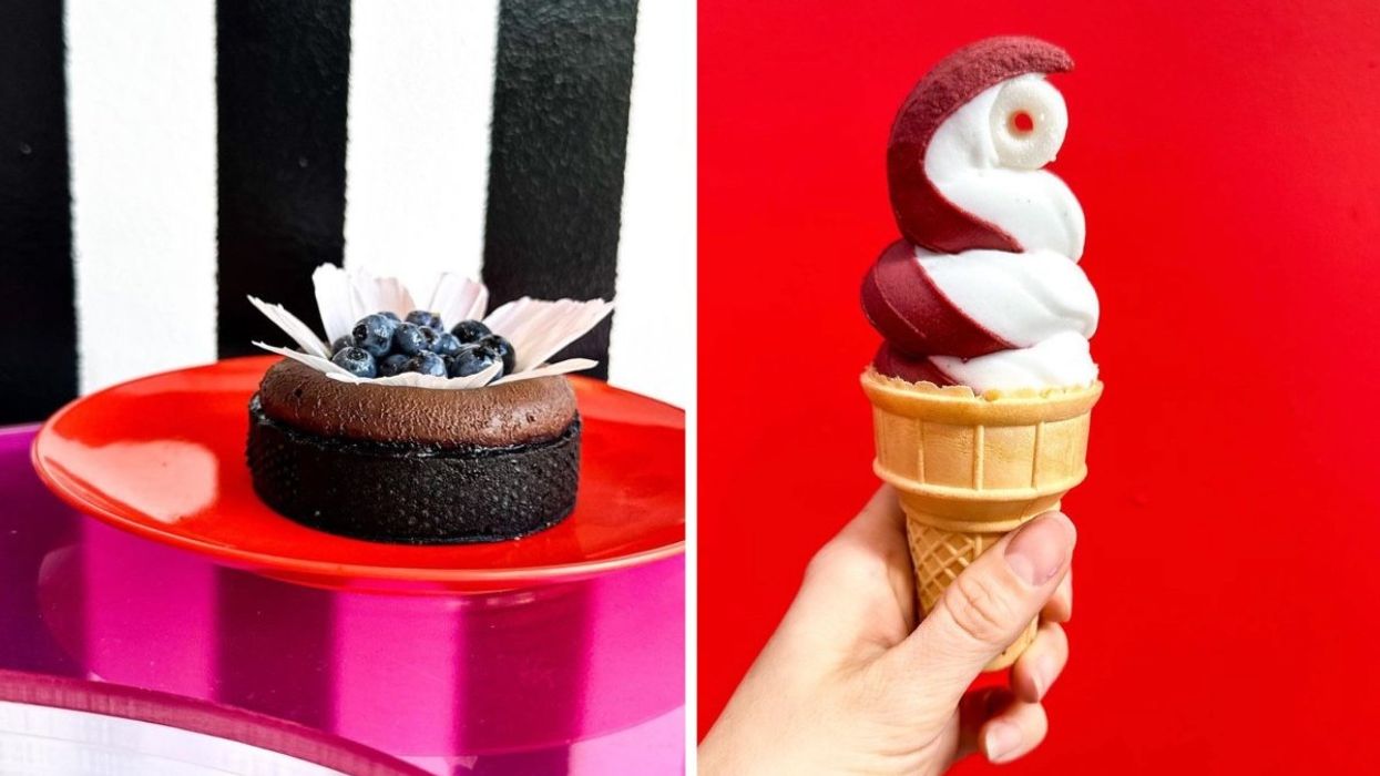 A blueberry chocolate dessert from Nanana in Montreal. Right: A person holding up a ice cream swirl cone from Nanana in Montreal.