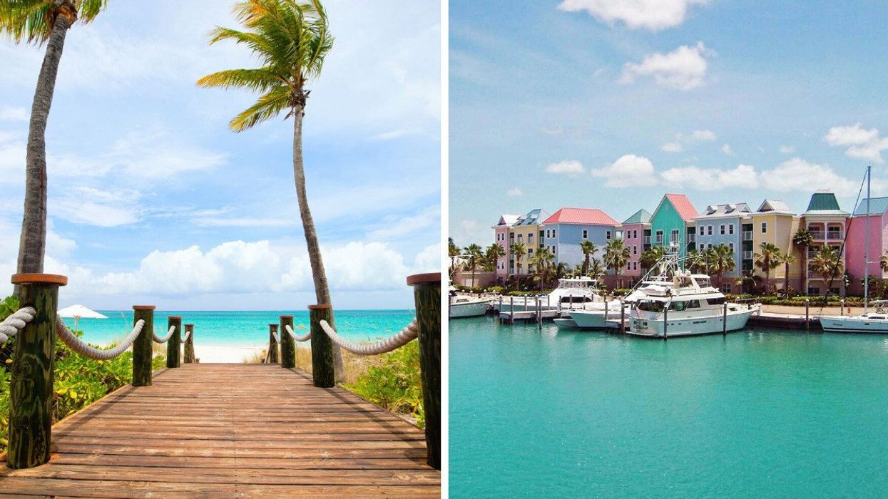A boardwalk leading to a beach with white stand and clear water. Right: A harbour town with colourful buildings and bright blue water.