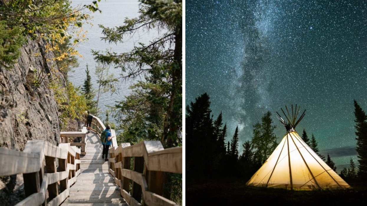 A boardwalk leads down to the ocean at Nibiischii National Park. Right: A glowing tent surrounded by stars in Nibiischii National Park.