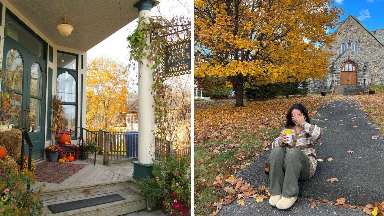 A bookstore in a small town in Quebec. Right: A person sits by a church in a small town in Quebec.