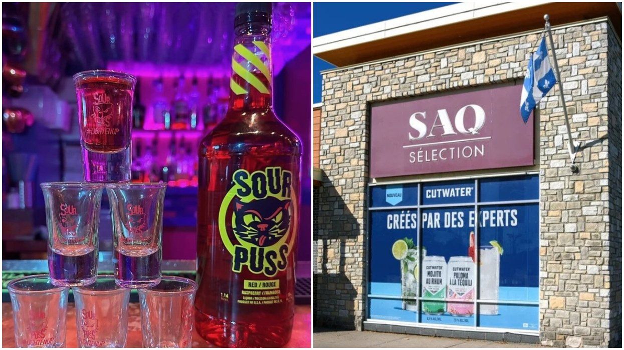 A bottle of Sour Puss. Right: A SAQ store.