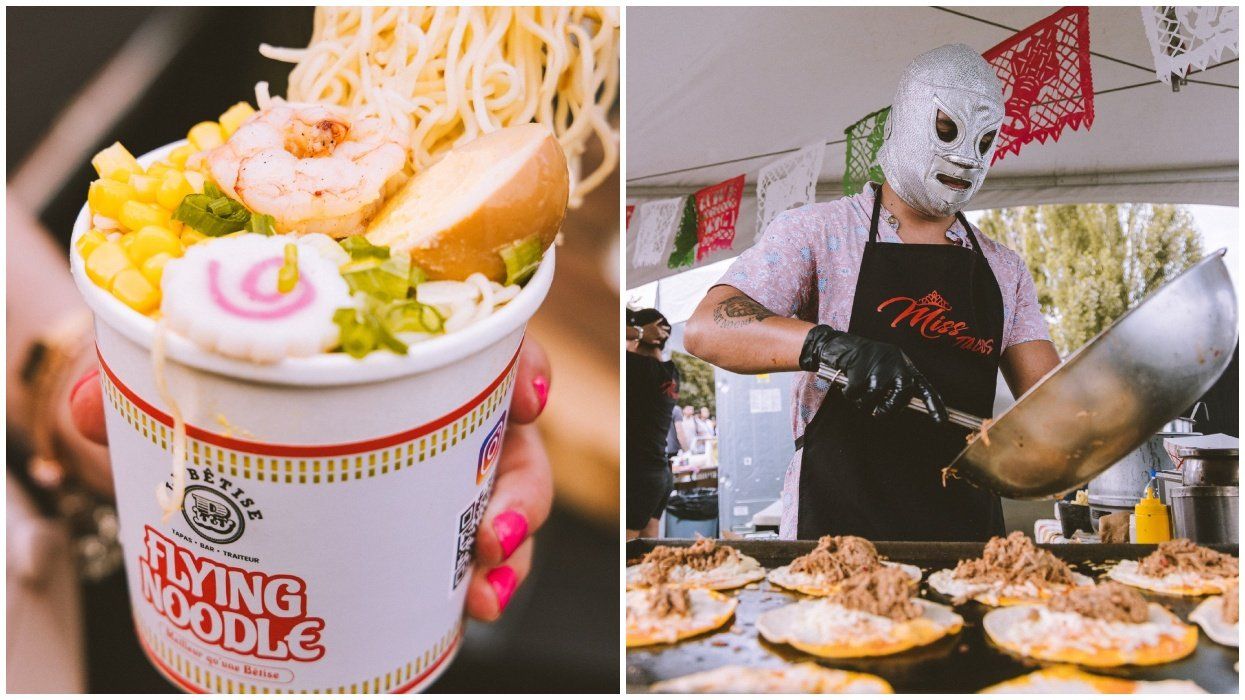 A bowl of ramen. RIght: A man in a luchador mask cooking at a Montreal festival.