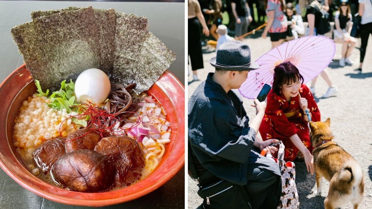 A bowl of Ramen soup. Right: Participants in Montreal's Japan Week