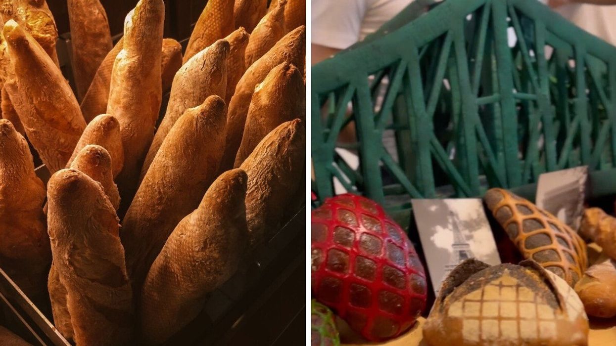 A box filled with baguettes. Right: A bread-y rendition of the Jacques-Cartier Bridge surrounded by other loaves.