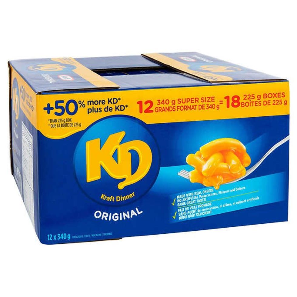A box of 12 packs of Kraft Dinner from Costco. \u200b