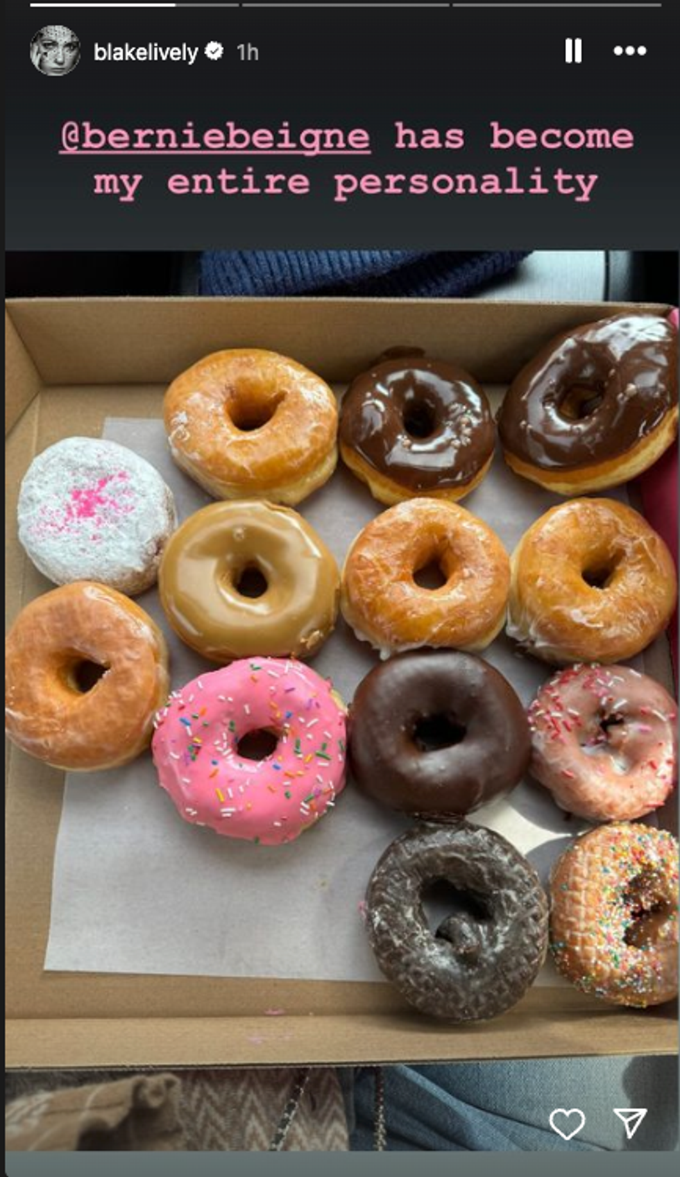 A box of Bernie Beigne donuts posted to Blake Lively's Instagram stories.