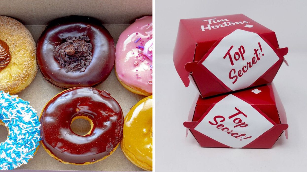 A box of Tim Hortons donuts. Right: A promotional image teasing the "top secret" identities of the two donuts Tim Hortons plans to revive.