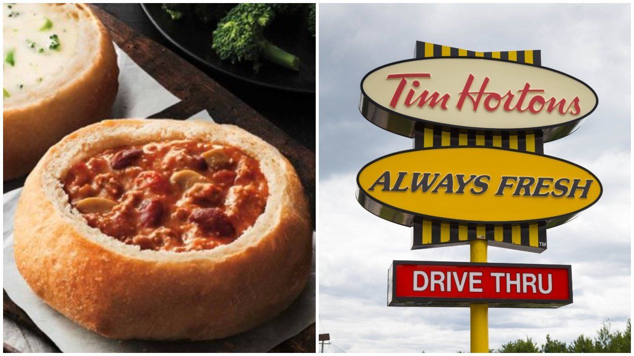 A bread bowl with chili. RIght: A Tim Hortons sign.
