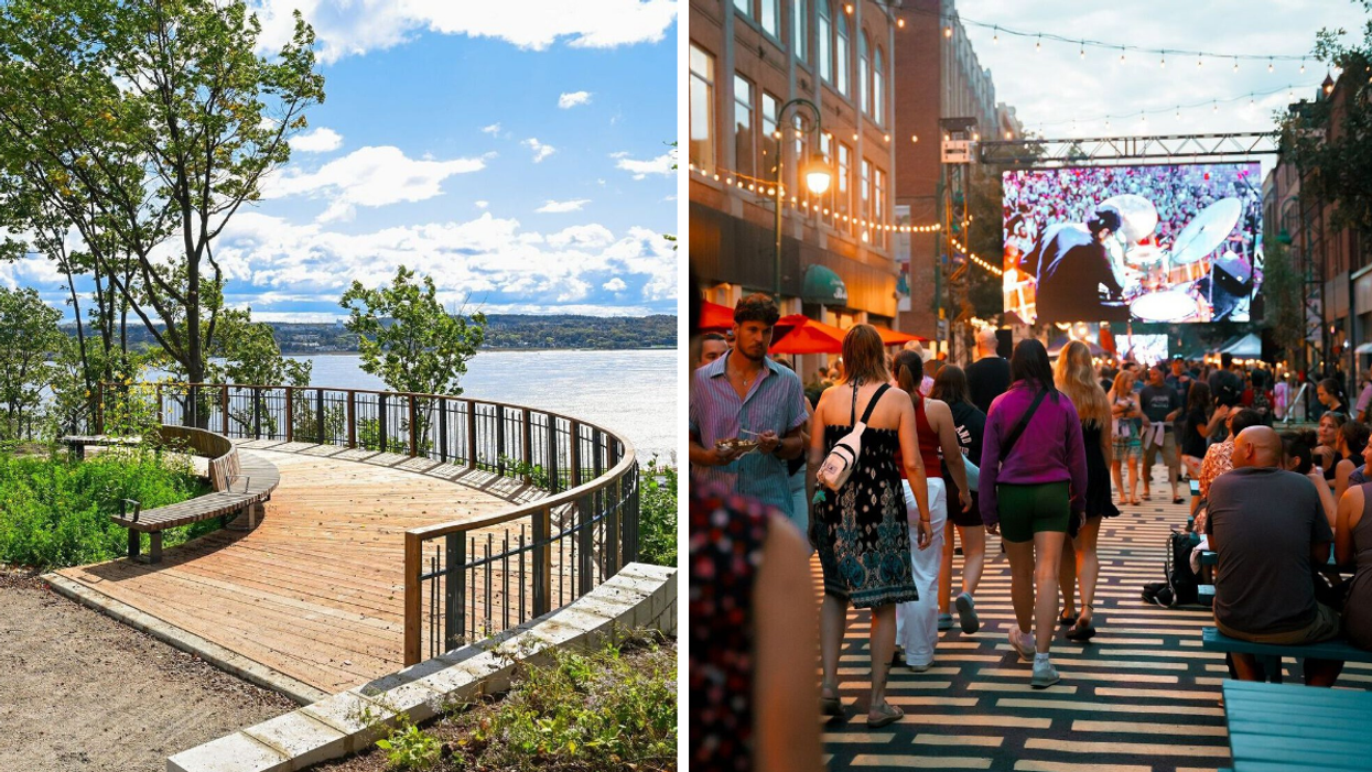 A bridge overlooking the water in Quebec. Right: A Quebec street festival.