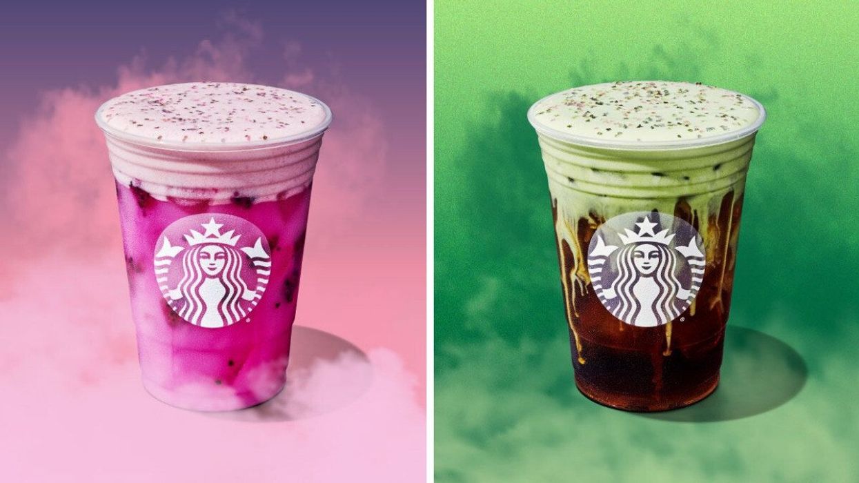 A bright pink iced beverage in a Starbucks cup. Right: An iced coffee beverage with green foam in a Starbucks cup.