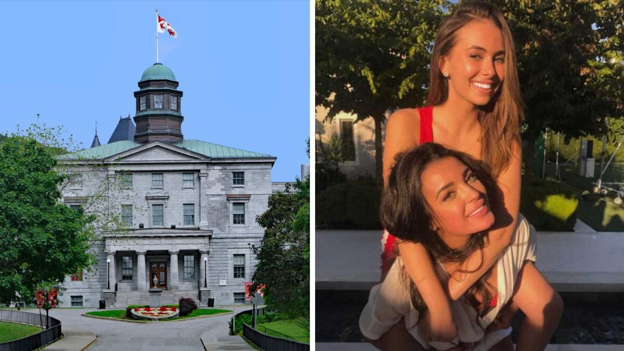 A building on McGill campus in Montreal, Quebec. Right: Two girls smile at pose.