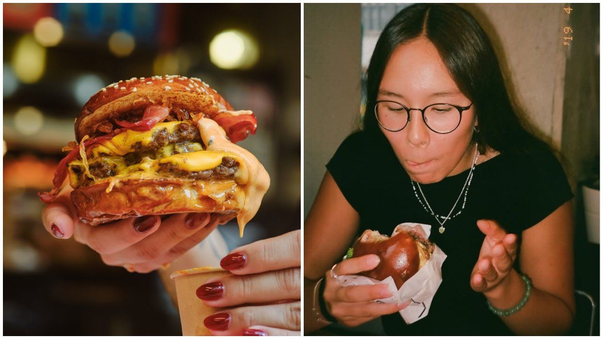 A burger from Patty Slap. Right: A woman eats a hamburger.