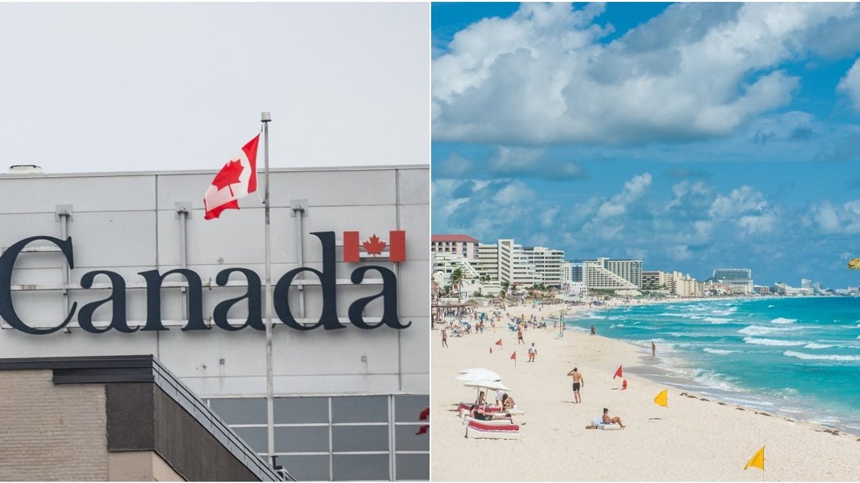 A Canada flag. Right: A beach in Mexico.