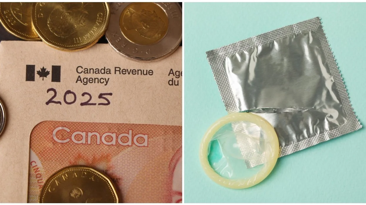 A Canada Revenue Agency envelope. Right: A condom and wrapper.