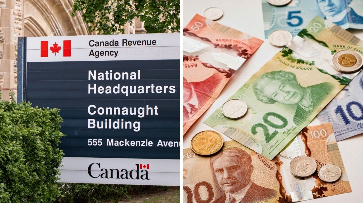 A Canada Revenue Agency sign outside of the national headquarters in Ottawa. Right: A table with various Canadian banknotes and coins including a $100, $50, $20, $10 and $5 notes.