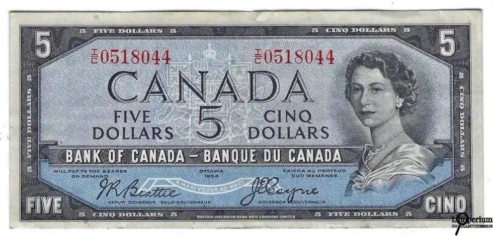 A Canadian $5 bill from 1954.