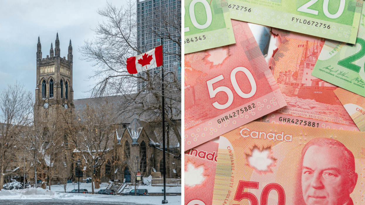 A Canadian flag flies outside St. George's Anglican Church in Montreal. Right: Canadian paper money lies in a pile.