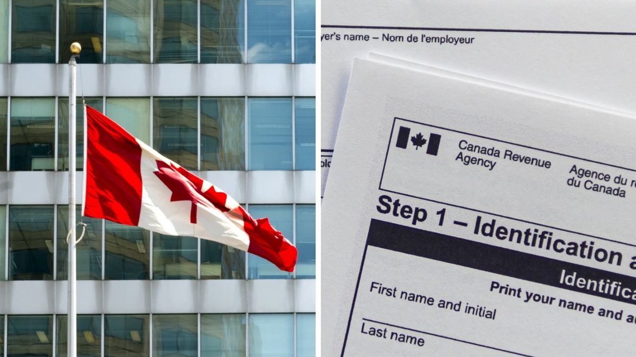 A Canadian flag flying outside of a Canada Revenue Agency office. Right: A Canada Revenue Agency income tax form.