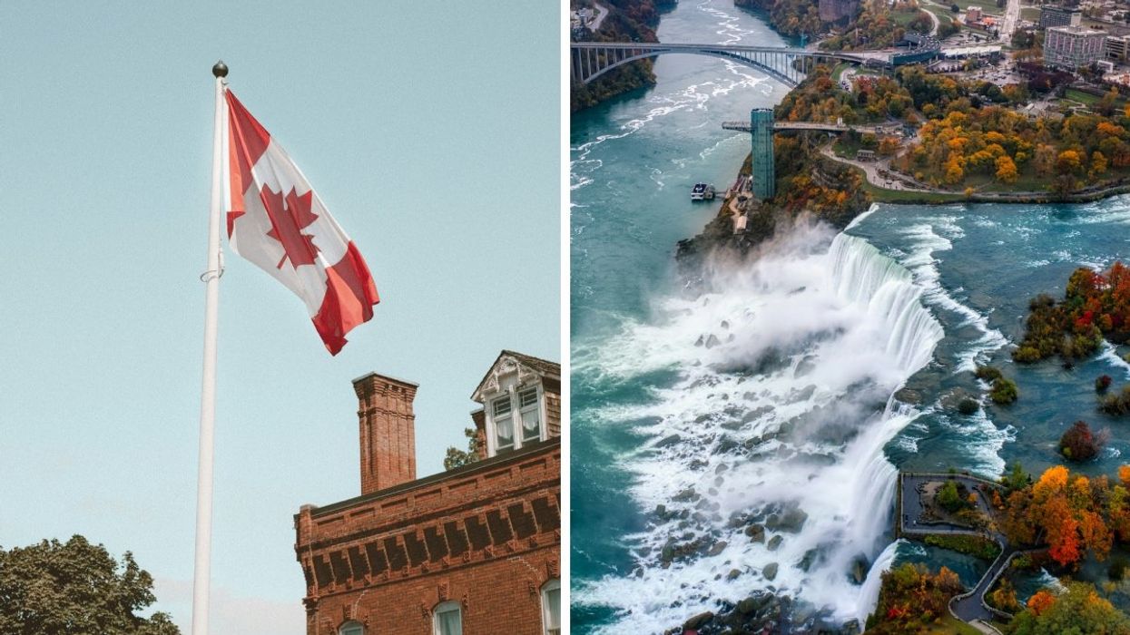 A Canadian flag waiving outside Niagara-on-the-lake town hall. Right: An aerial view of Niagara Falls.