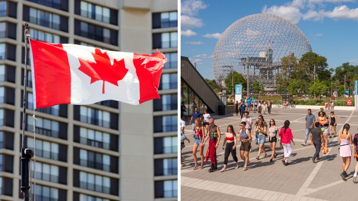 A Canadian flag waving in front of an office building. Right: People walking by the Biosphere at Montreal's Parc Jean-Drapeau.